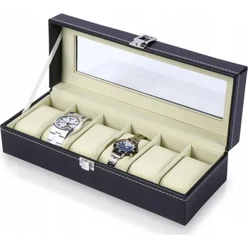 Úložný box KRABIČKA KRABIČKA POUZDRO ORGANIZÉR NA HODINKY ČERNÁ S PROSKLENÍM Z EKO KŮŽE