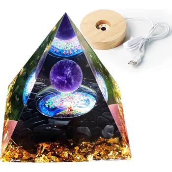 Lampička Orgonitová pyramida + LED lampička, základna 5 cm, KŘIŠŤÁL, kameny, amulet 5 cm, HX03