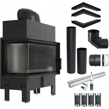Krbová vložka Rohový krb levý KRATKI FLOKI 12 kW s dovíráním, ČERNÝ, montážní sada