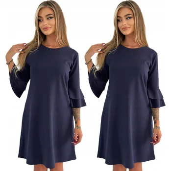 Dámské šaty ELEGANTNÍ TMAVĚ MODRÉ ŠATY S VOLÁNKEM NA RUKÁVU VELIKOST 44