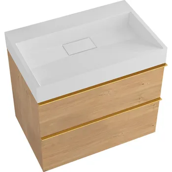 Koupelnový nábytek CERANO - Koupelnová skříňka Velora - dub medový - úchytka zlatá + umyvadlo z litého mramoru Vita - bílá matná - 70x53x46 cm