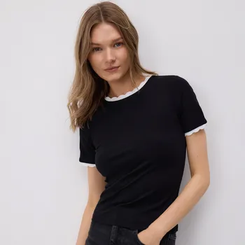 Dámské tričko Reserved - Tričko s ozdobnou lemovkou - černý - 555GA-99X - 555GA-99X-XL