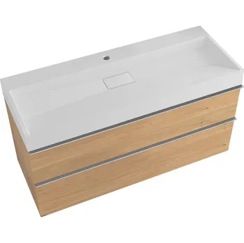 Koupelnový nábytek CERANO - Koupelnová skříňka Velora - dub medový - úchytka chrom + umyvadlo s otvorem pro baterii z litého mramoru Vita - bílá lesklá - 100x53x46 cm