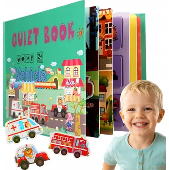 Hračka pro nejmenší Senzorická knížka pro děti Montessori vzdělávací na suchý zip vozidla