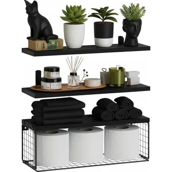 police Nástěnné police s košíkem, 3 ks, dřevo + kov, organizér 40×15 cm