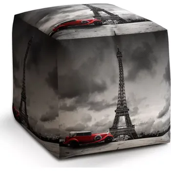 Taburet Sablio Taburet Cube Eiffelova věž a červené auto: 40x40x40 cm