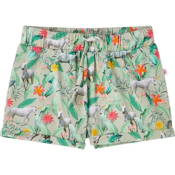 Dětská móda DĚTSKÉ ŠORTKY SE ŠŇŮRKOU JEDNOROŽCI A ROSTLINY SVĚTLE KHAKI 116