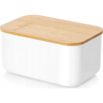 Máslenka MÁSELNÍK NÁDOBA NA MÁSLO OCELOVÝ BÍLÝ S BAMBUSOVÝM VÍKEM