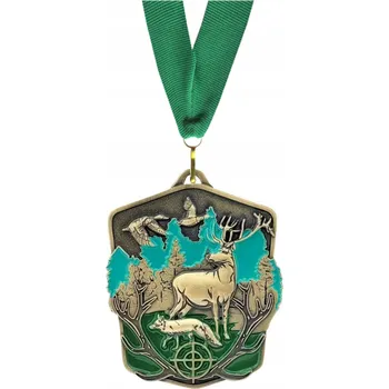 MYSLIVECKÁ MEDAILE M104 - LOV, JELEN, MYSLIVOST kov 7,5X6 cm popis stuha