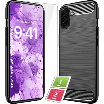 Pouzdro na mobilní telefon Obrněný Pouzdro pro Samsung Galaxy A56 / A36 | Uhlíková, černá + 2,5D Sklo