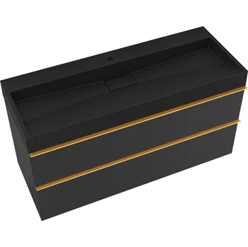 Koupelnový nábytek CERANO - Koupelnová skříňka Velora - černá matná - úchytka zlatá + umyvadlo s otvorem pro baterii z litého mramoru Vita - černá - 100x53x46 cm