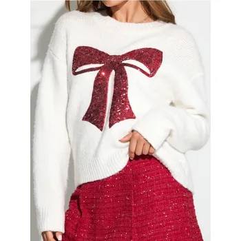 Dámské oblečení Sinsay - Svetr s flitrovou aplikací ve tvaru mašle s příměsí vlny - krémová - 381FJ-01X - 381FJ-01X-XS