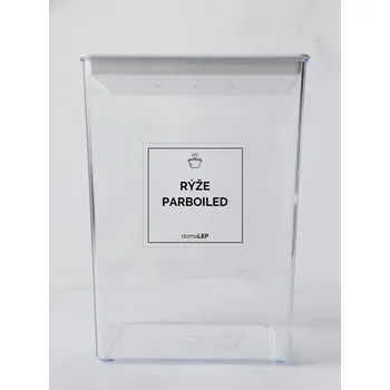 Samolepící etiketa RÝŽE PARBOILED – průhledná samolepka na dózu, tučnépísmo, 5 x 5 cm | DomaLEP