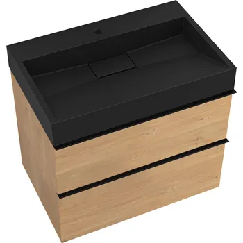 Koupelnový nábytek CERANO - Koupelnová skříňka Velora - dub medový - úchytka černá + umyvadlo s otvorem pro baterii z litého mramoru Vita - černá - 70x53x46 cm