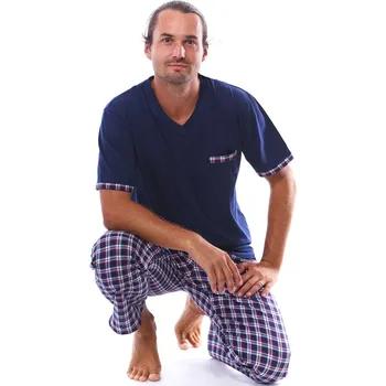 Pánské pyžamo Elegantně sportovní modročervené kárované pyžamo pro muže krátký rukáv a dlohé nohavice popelín 1P1829 modrá xl