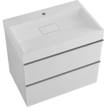 Koupelnový nábytek CERANO - Koupelnová skříňka Velora - bílá matná - úchytka chrom + umyvadlo s otvorem pro baterii z litého mramoru Vita - bílá matná - 70x53x46 cm