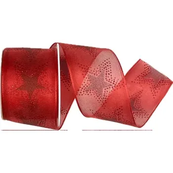 Stuha Vánoční stuha organzová ORGANDY STARDUST RED červená 40mm x 2m (14,-Kč/m) (Vánoční stuha červená, organzová, oboustranná, glitrový potisk, transparentní)