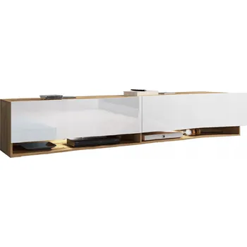 Televizní stolek TV stolek 180 cm bezúchytkový wotan/bílý lesk stojící/závěsný s LED