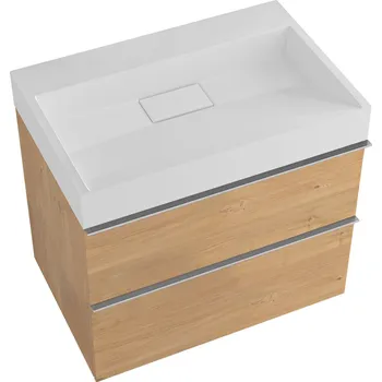 Koupelnový nábytek CERANO - Koupelnová skříňka Velora - dub medový - úchytka chrom + umyvadlo z litého mramoru Vita - bílá matná - 70x53x46 cm