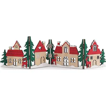 Vánoční dekorace Stoklasa Dřevěné domečky / vesnička skládací - červená zelená 41.5 x 11 cm