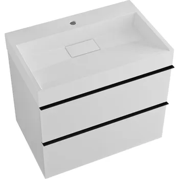 Koupelnový nábytek CERANO - Koupelnová skříňka Velora - bílá matná - úchytka černá + umyvadlo s otvorem pro baterii z litého mramoru Vita - bílá matná - 70x53x46 cm