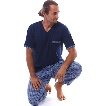 Pánské pyžamo Elegantně sportovní modošedé kárované pyžamo pro muže krátký rukáv a dlohé nohavice popelín 1P1828 modrá XXL