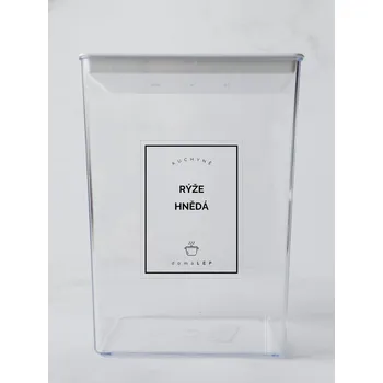 Speciální papír RÝŽE HNĚDÁ – průhledná samolepka na dózu, tučné písmo, 6 x 8 cm | DomaLEP