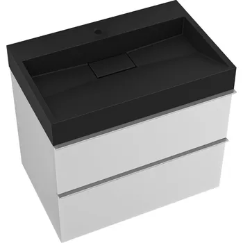 Koupelnový nábytek CERANO - Koupelnová skříňka Velora - bílá matná - úchytka chrom + umyvadlo s otvorem pro baterii z litého mramoru Vita - černá - 70x53x46 cm