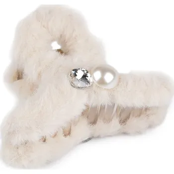 Ozdoba do vlasů Skřipec do vlasů kožešinový s perlou a broušeným kamenem - 2 béžová světlá