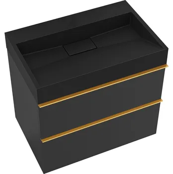 Koupelnový nábytek CERANO - Koupelnová skříňka Velora - černá matná - úchytka zlatá + umyvadlo z litého mramoru Vita - černá - 70x53x46 cm