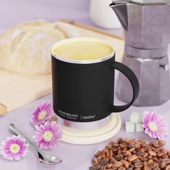 Termohrnek ASOBU Ultimate Black Puramic 360 ml - termokrůžek s uchem z nerezové oceli s keramickým povlakem