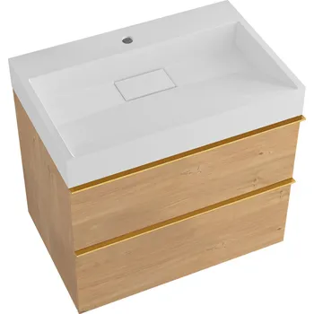 Koupelnový nábytek CERANO - Koupelnová skříňka Velora - dub medový - úchytka zlatá + umyvadlo s otvorem pro baterii z litého mramoru Vita - bílá matná - 70x53x46 cm