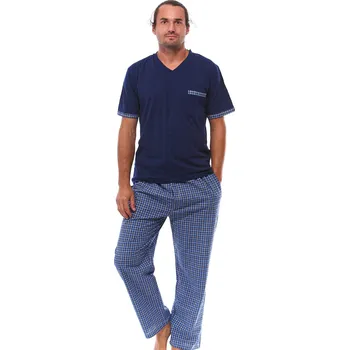 Pánské pyžamo Elegantně sportovní modrotmavošedé kárované pyžamo pro muže krátký rukáv a dlohé nohavice popelín 1P1830 modrá 3xl