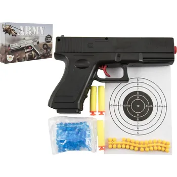 Pistole na kuličky 20cm plast + vodní kuličky 6mm,pěnové náboje 3ks,gumové kul. v krabičce 23x15