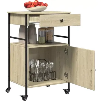 Servírovací stolek Servírovací stolek, kolečka, kov, dřevo, černá, dub sonoma, DARLEY