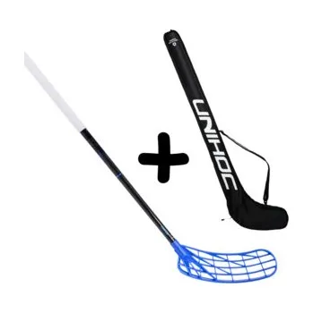 Florbalová hůl Unihoc UNISLIM MAX 27 Shiny - Black EDT + Stickbag Set florbalky s vakem černá / modrá, Levá (levá ruka dole), 100cm (=110cm)
