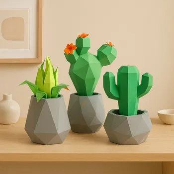 3D puzzle Kaktusy v betonových květináčích – papírový model 3D puzzle PaperTime