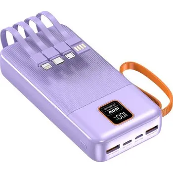 Powerbanka Powerbanka 20000mAh se 4 vestavěnými kabely, 2x USB-A, 1x USB-C, PD 22,5W, QC 3.0, LED displej, fialová