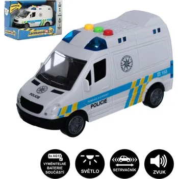 autíčko Auto policie dodávka plast 15cm na setrvačník na baterie se zvukem se světlem v krabici 19x13x9c