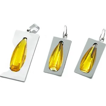 Souprava šperků Ocelový set s žlutým přívěskem a náušnicemi, P: 38x17mm, E: 24x12mm, stříbrná barva.