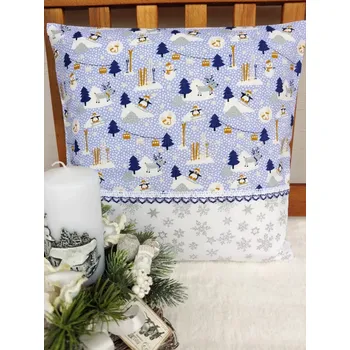 Povlak na dekorativní polštářek Povlak na polštář 40 x 40 cm – tučňáci a sněhuláci v kombinaci se stříbrnými vločkami | Ruční výroba (Rozměr: 40 x 40 cm)