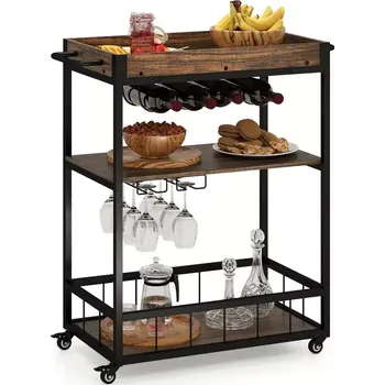 Servírovací stolek Servírovací stolek, kolečka, kov, dřevo, černá, vintage hnědá, MADRID