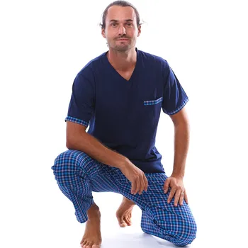 Pánské pyžamo Elegantně sportovní modoazurové kárované pyžamo pro muže krátký rukáv a dlohé nohavice popelín 1P1827 modrá XXXL