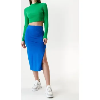 Dámská sukně Sinsay - Bavlněná midi sukně s rozparkem a řasením na boku - modrá - 7022J-55X - 7022J-55X-M