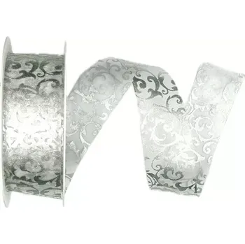 Stuha Stuha organzová SILVER ORNAMENT LUXE stříbrná 25mm x 3m (12,-Kč/m) (Organzová stuha, bílá se stříbrným potiskem, bez vlasce a drátku)
