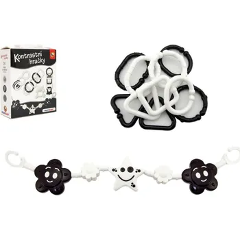 Kontrastní hračky plast chrastítko, kousátko, zábrana na kočárek v krabičce 15x18x6cm 0m+