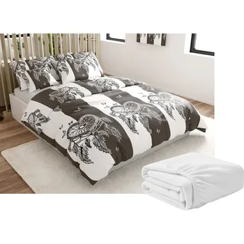 Povlečení Sada mikroplyšového povlečení TIRSO šedo-bílé + prostěradlo mikroplyš SOFT 90x200 cm bílé, jednolůžko