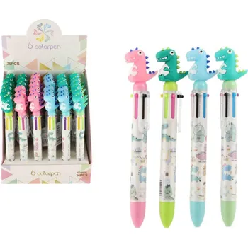 Tužka/pero dinosaurus šest barev plast 17cm 4 barvy