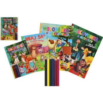 omalovánky Omalovánky+aktivity/Maľovanky+aktivity Zvířátka/zvieratká 4ks + pastelky CZ+SK verze v sáčku 21x