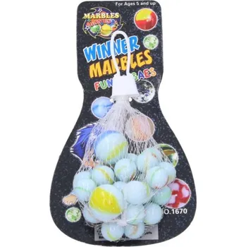 Kuličky cvrnkací mramorované skleněné různé velikosti v síťce na kartě 10x19cm